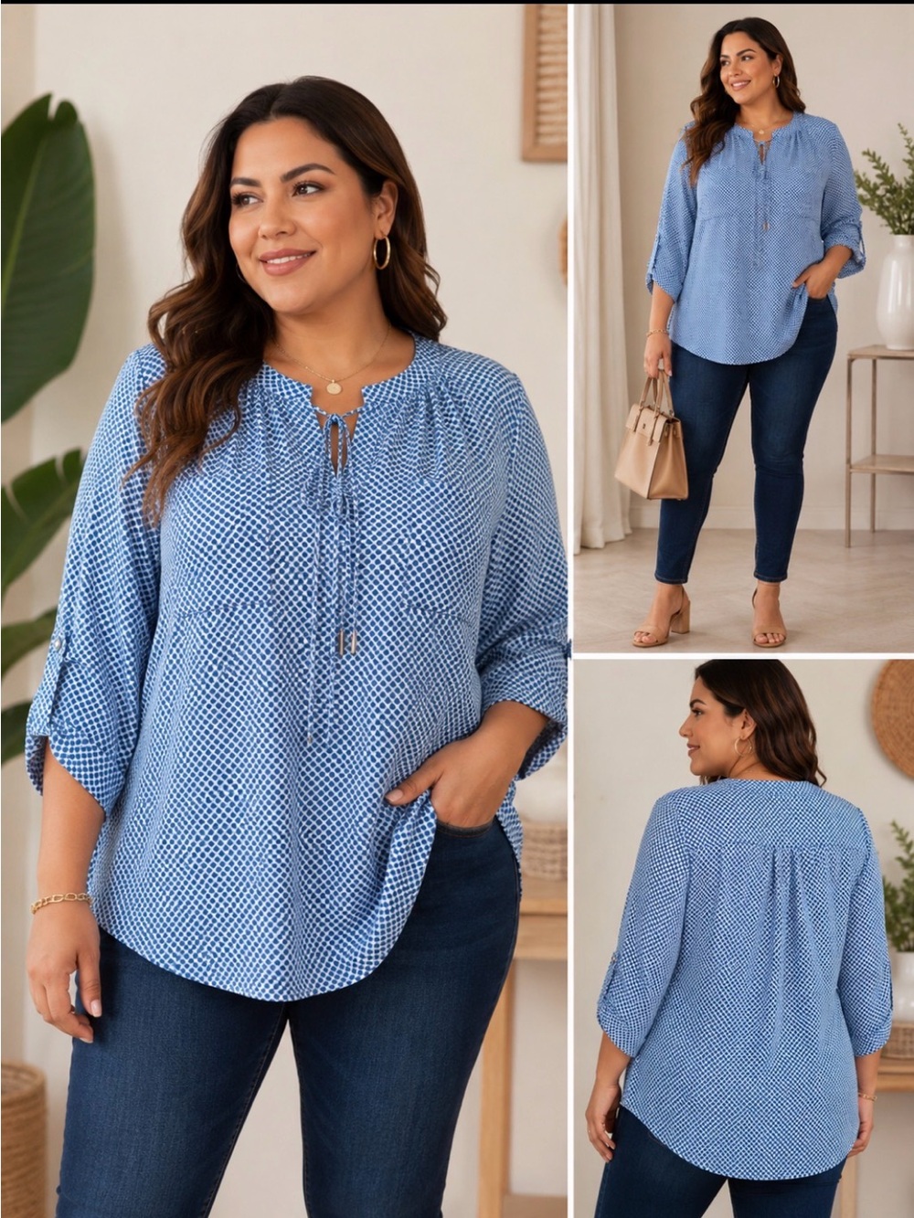 STYLUS Blue White Printed Boho
Blouse Roll Sleeve Top XL